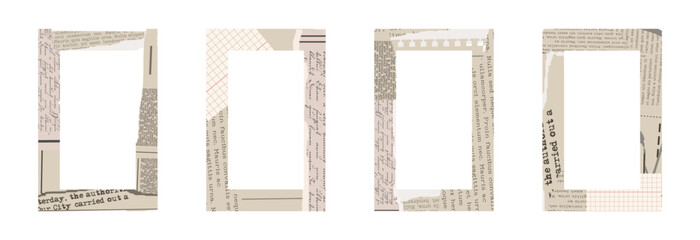 Torn vintage ripped collage frames with old clipping texture. Newspaper borders for scrapbook. Old gazette news sheets. Trendy retro vintage paper cut, rip torn. Isolated vector illustration.