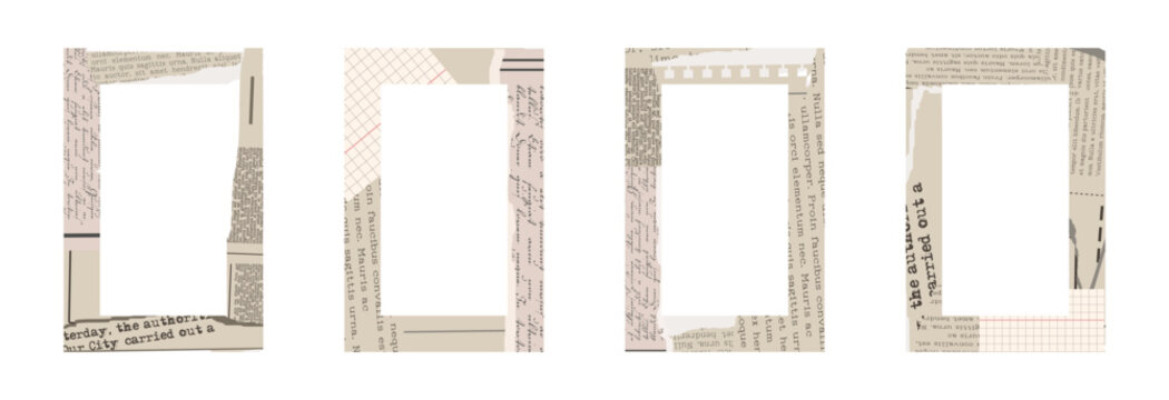 Torn vintage ripped collage frames with old clipping texture. Newspaper borders for scrapbook. Old gazette news sheets. Trendy retro vintage paper cut, rip torn. Isolated vector illustration.
