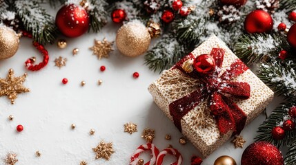 Gift box with bow and festive decorations in snow with red baubles, candy canes, and pine branches on white background, perfect for Christmas celebration and holiday spirit