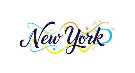 Elegant dark blue calligraphy spelling out New York, adorned with vibrant yellow, orange, and blue swirls and geometric shapes for a modern design.