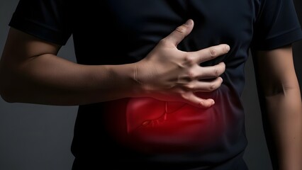 Person suffering from stomach pain, holding abdomen with hands, red glow indicating internal discomfort or digestive issues.