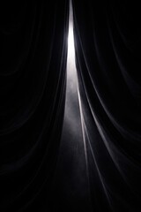 Dramatic close-up of dark velvet theater curtains slightly parted, allowing a single bright beam of stage light to shine through the opening; mysterious and elegant atmosphere