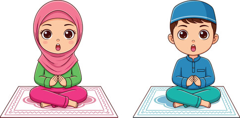 Cute Cartoon Muslim Boy and Girl Characters Praying on Rugs, Happy Islamic Child Supplication Mascot Vector Illustration Set.