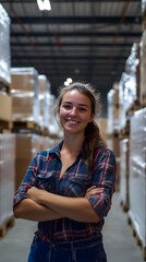 Young woman standing confidently in a warehouse setting