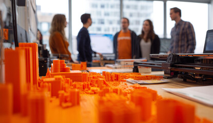 Group of diverse professionals collaborating in a modern office environment with architectural models and digital devices