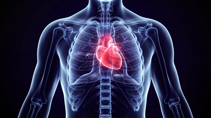Detailed 3D Medical Illustration of Human Torso with Highlighted Heart Anatomy