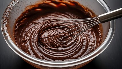 Mixing rich dark chocolate batter with a wire whisk in a clear glass bowl
