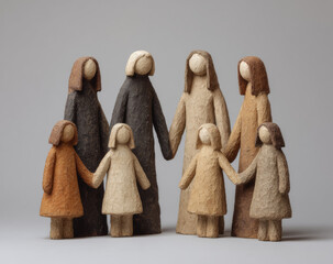 Group of handmade clay figurines depicting women and children holding hands with textured surface and earthy tones