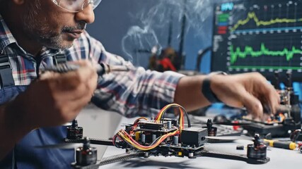 Man Assembling High Speed FPV Drone For Professional Use. Man Intensely Focused on Assembling High S 4K 10s