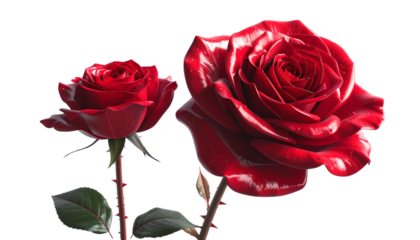  3D Romantic Red Roses Pair isolated on transparent background