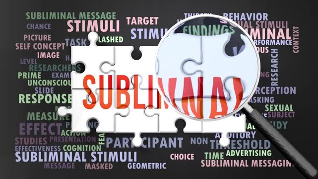 Subliminal under magnifying glass, being researched, studied and examined. Most important subjects and ideas closely related to subliminal written around a puzzle.Can be looped.