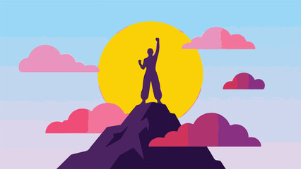Victorious silhouette on mountain peak against rising sun, symbol of achievement