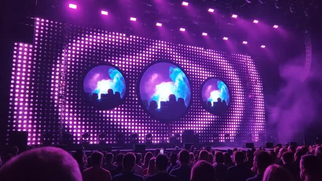 Purple led light screen concert or show background board wall stage with three monitors glow round 4K 10s
