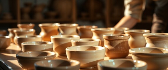 Skilled potter diligently at work, crafting exquisite handmade clay bowls in a warmly lit pottery studio, surrounded by tools and the rich textures of the creative environment.