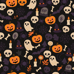 Fototapeta premium Cute Halloween Seamless Pattern with Pumpkins, Ghosts, and Skulls