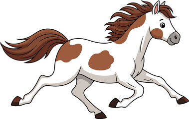 Cute Cartoon Pinto Horse Galloping, Happy Brown and White Spotted Pony Running Vector Illustration for Kids and Farm Designs.