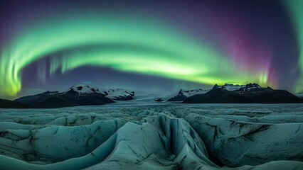 Aurora borealis over snowy landscape.