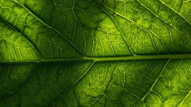 Close-up view of a vibrant green leaf, showcasing intricate vein patterns and texture.
