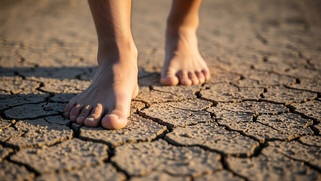 Bare feet on dry cracked earth. - Powered by Adobe