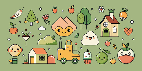 Kawaii Fruit and Nature Character Icon Set - Hand-Drawn Doodle Style, Adorable Pastel Mascot Collection - Cute Minimalist Stickers