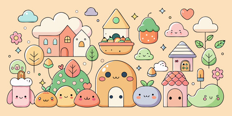 Kawaii Fruit and Nature Character Icon Set - Hand-Drawn Doodle Style, Adorable Pastel Mascot Collection - Cute Minimalist Stickers