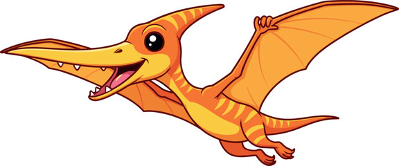 Cute Cartoon Pterodactyl Dinosaur Flying with Wings Spread, Happy Orange Prehistoric Pterosaur Character Vector Illustration for Kids.