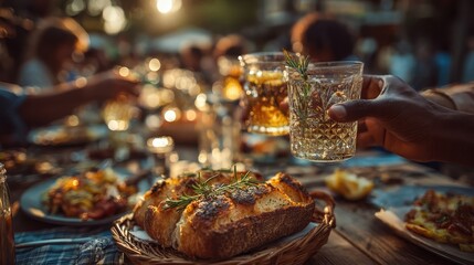 Friends gather to enjoy po de alho and drinks during a Brazilian churrasco gathering in a cozy setting with warm lights and hearty food