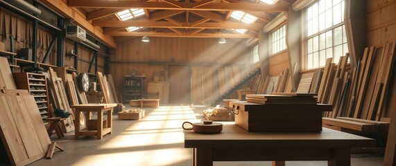 Bright woodworking workshop bathed in natural sunlight, featuring an array of tools and beautifully crafted wooden furniture, creating an inviting and productive atmosphere for artisans.