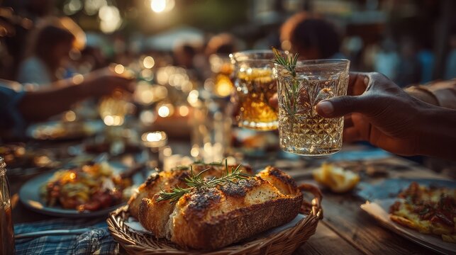 Friends gather to enjoy po de alho and drinks during a Brazilian churrasco gathering in a cozy setting with warm lights and hearty food