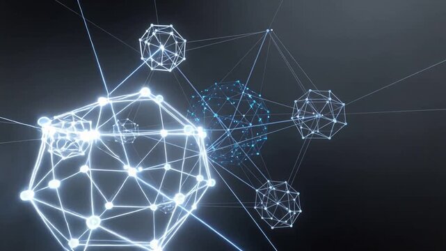 Abstract global network structure connecting blue glowing geometric nodes through digital light beams