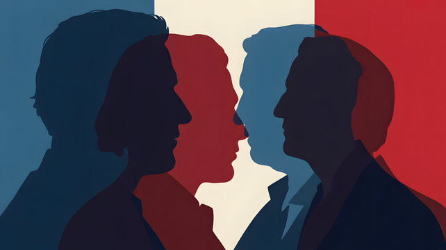 Abstract silhouettes of men facing each other in red and blue patriotic colors, concept for political debate or public opinion