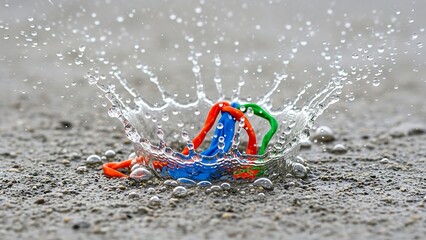 Colorful toy boat in rainy puddle.
