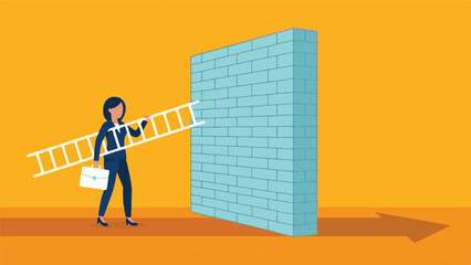 Concept of a businesswoman using a ladder to overcome career challenges © StockStudio