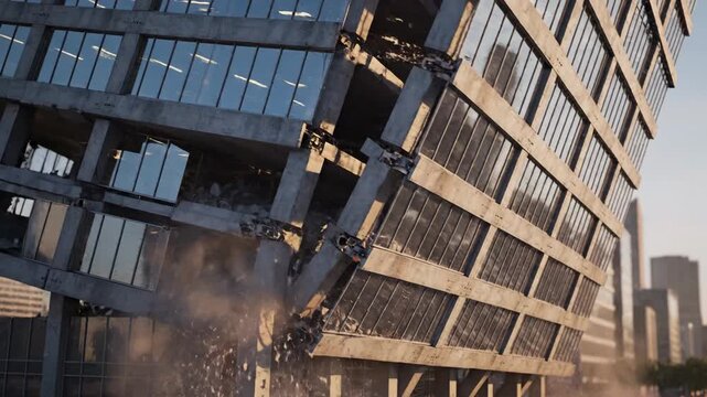 Building Collapse Triggered by Explosive Impact in Urban Environment showing Structural Failure and Dust Cloud