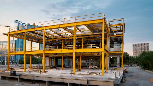 Modern steel frame building under construction with exposed beams, columns, and platforms at active commercial development site