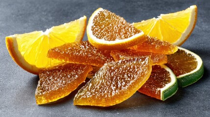 Slices of orange and lime gummies stacked on a dark surface in a natural light setting in a cozy kitchen