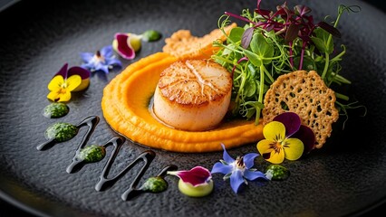 Delicious seafood dish with edible flowers.