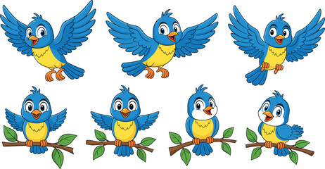 Large Collection of Seven Cute Cartoon Blue Bird Characters, Happy Songbirds Flying and Perched on Branches Mascot Vector Illustration Set.