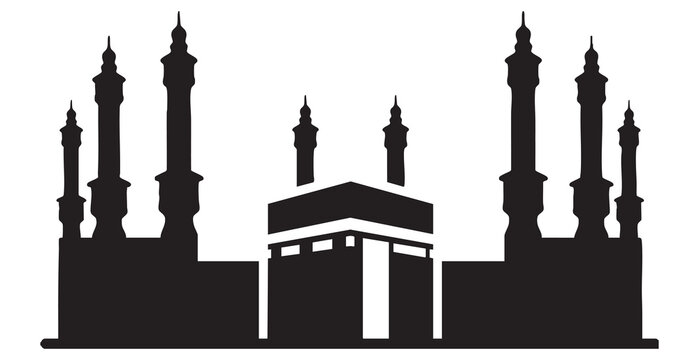 Black silhouette of Kaaba and minarets against white background mecca islam