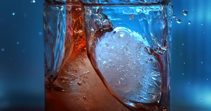 Ultra Slow Motion 1000fps Spherical Ice Ball Dropping Into Whiskey Glass, Luxury Alcohol Drink, Crystal Tumbler, Fresh Cinematic Bar Scene