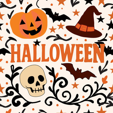 Halloween Vector Illustration with Pumpkin, Skull, and Witch Hat