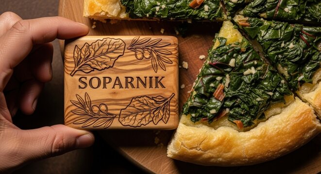 Traditional Croatian Soparnik Chard Pie with Hand-Carved Olive Wood Sign