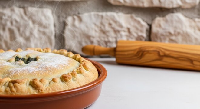 Traditional Croatian Soparnik Chard Pie with Golden Crust and Negative Space, Steaming Vegetarian Dalmatian Pastry in Bright Coastal Light