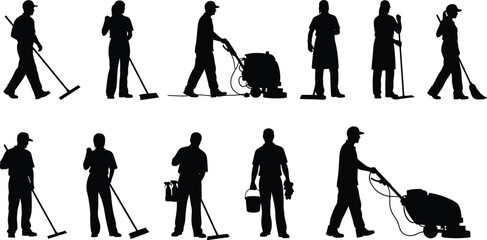 Cleaning service worker silhouettes set, professional janitors using equipment, floor maintenance activities, housekeeping staff black figures isolated