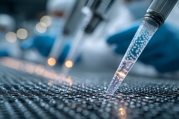 A laboratory worker uses a pipette to transfer liquid in a research setting with a focus on precision and scientific discovery research at lab.