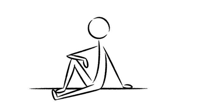 Stick Figure Sitting on Ground with Folded Legs, Resting and Contemplating on Isolated White Background