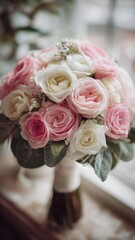 Obraz premium A bouquet of pink and white roses with green leaves, tied with a ribbon. Concept Romantic florals, Pink and white roses, Ribbon-tied bouquet, Greenery accents, Elegant arrangement