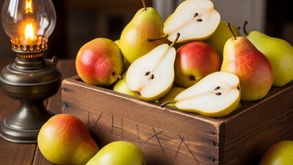 Fresh pears in wooden crate indoors.