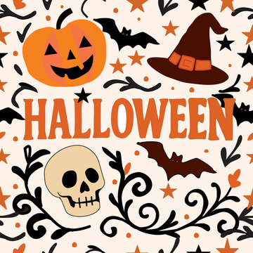 Halloween Vector Illustration with Pumpkin, Skull, and Witch Hat