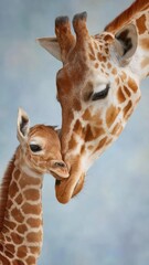 Obraz premium A baby giraffe nuzzles its mother, their long necks and spotted coats pressed close together. Concept Giraffes, Parent-child bond, Wildlife photography, Long-necked mammals, Spotted coats